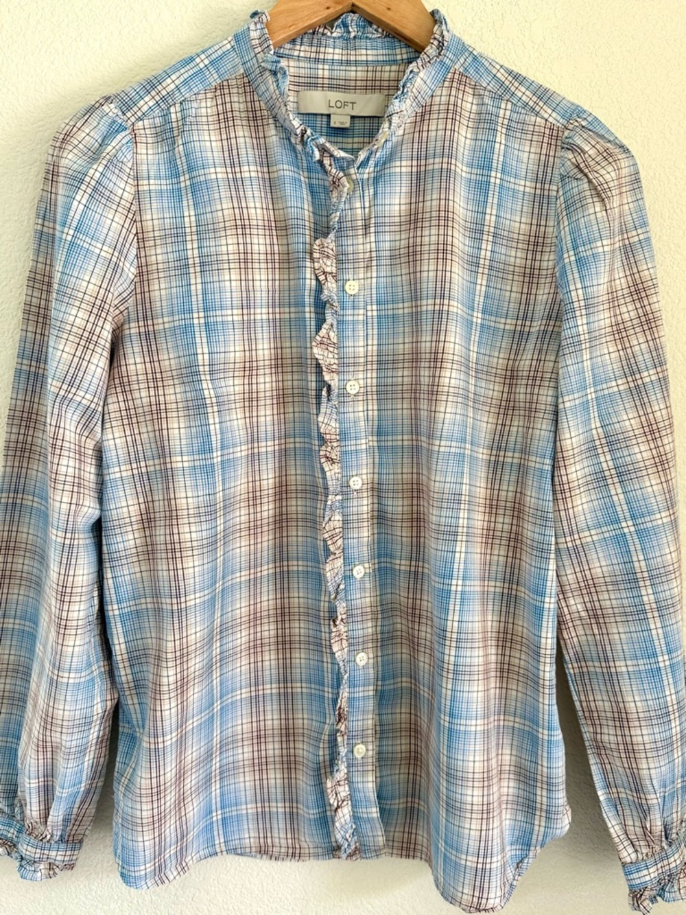 LOFT Plaid Ruffle Button Front Blouse Size S Blue Brown Cottagecore